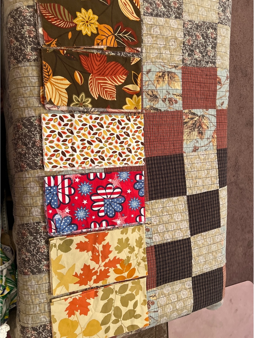Set of 6 Handmade Fabric Napkins with Autumn Leaves and Patriotic Patterns